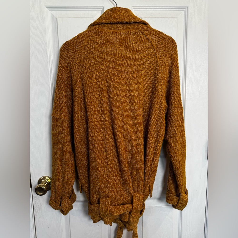 Free People Mustard Textured Knit Belted Jacket Coat Size Medium Slouchy Boho - Picture 13 of 14